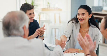 Poster - Applause, handshake and meeting with business people in boardroom of office for agreement or deal. Bonus, congratulations and promotion with employee team shaking hands in workplace for success