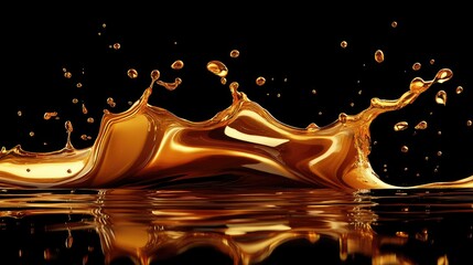 Poster - Dynamic Splash of Golden Liquid Captured in Mid-Air with Vibrant Reflections and Bright Amber Tones of Glossy Surface Enhancing the Dramatic Effect