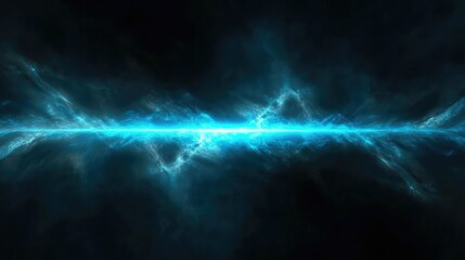 Poster - Ethereal Blue Light Beam in Cosmic Space, Abstract Background of Energy Waves with Dark Nebula and Starry Atmosphere, Ideal for Science and Technology Themes