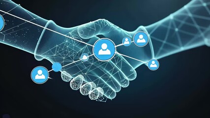Poster - Digital handshake symbolizing collaboration and innovation in technology with a futuristic network background