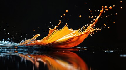 Poster - Dynamic Splash of Vibrant Orange Paint Over Calm Water Surface Creating Stunning Visual Contrast Against Black Background