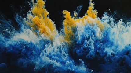 Poster - Vibrant Swirls of Blue and Yellow Ink Create Dynamic Abstract Background Evoking Energy and Motion in Artistic Composition for Creative Projects
