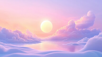 Poster - Serene Sunrise Over Dreamy Clouds and Reflective Waters, Capturing the Tranquility of Nature's Beauty in Soft Pastel Hues of Orange, Pink, and Purple