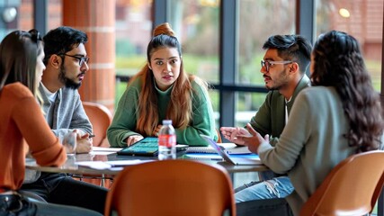 Poster - Students collaborate on a group project in a university lounge during a sunny afternoon, discussing ideas and sharing notes