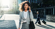 © peopleimages.com - Phone call, business and woman in city, talking and commute with conversation, investor and travel. Person, accounting and financial advisor with schedule, network or communication in New York