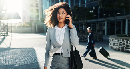 Aufkleber - phone call, business and woman in city, talking and commute with conversation, investor and travel. 