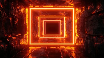 Poster - A Stunning Visual of a Futuristic Tunnel with Glowing Orange Neon Squares Highlighting the Depths and Creating a Mesmerizing Sense of Depth and Perspective in a Dark Environment