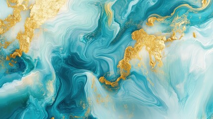 Poster - vibrant abstract background featuring fluid swirls of turquoise and aqua tones enhanced with gold ac