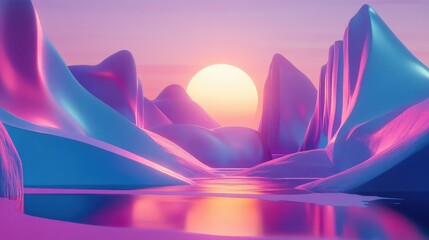 Poster - Ethereal Sunset Over Stylized Mountain Landscape with Glossy Surfaces and Vibrant Color Gradients in Pink, Blue and Purple Tones Reflecting on Calm Water