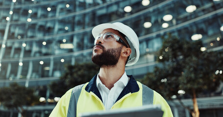 Leinwandbilder - Tablet, engineer thinking and man in city for construction, planning and low angle at dawn. Technology, building and architect outdoor for maintenance decision, safety inspection or problem solving