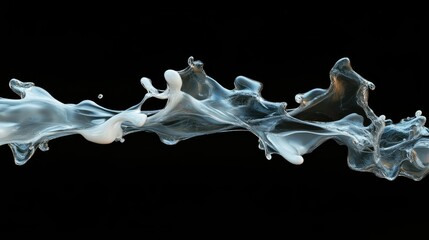 Poster - Ethereal Flow of Liquid in Motion Captured on Black Background, Showcasing the Beauty and Elegance of Water with Splashes and Bubbles