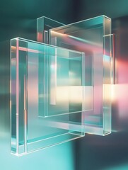 Fototapete - Futuristic composition showcases stacked transparent glass panels with soft, glowing edges in a high-end, minimalist arrangement