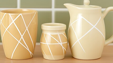 Poster - Three yellow ceramic items with white geometric patterns and designs