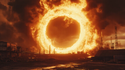 Poster - Circular Portal Emerges in Blaze, Engulfing Industrial Facility with Flames and Smoke