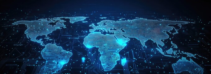 Poster - Digital World Map with City Light Connection Technology on Blue Background Abstract Global Network Design and Data Communication Earth Illustration