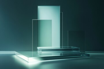Fototapete - Futuristic display area featuring soft lighting and transparent glass panels creating a minimalist and high-end aesthetic