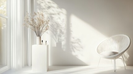 Poster - A tranquil, minimalist interior featuring a white chair, elegant vase with dried flowers, soft natural light casting shadows on a bright wall for modern home decor inspiration