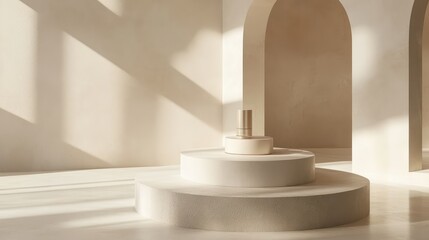 Poster - Elegant Minimalist Display of a Cosmetic Bottle in a Soft, Sunlit Interior with Archways and Neutral Tones Creating a Calming Atmosphere for Branding Purposes