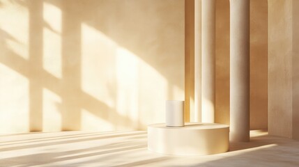 Poster - Sunlit Minimalist Interior with Soft Shadows and Creamy Tones Featuring Circular Pedestal and Geometric Composition in Modern Aesthetic Setting