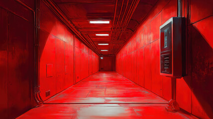 Poster - Modern industrial corridor with red ambient lighting, featuring futuristic metallic walls and sleek floors