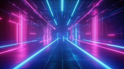 Poster - Futuristic Neon Corridor with Vibrant Blue and Pink Lights Creating a Dynamic Atmosphere for Technology and Science Fiction Concepts and Themes