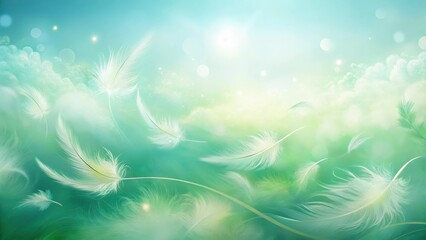 Wall Mural - Ethereal White Feathers Drifting on a Gentle Breeze Through a Serene, Dreamlike Green Landscape