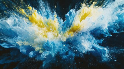 Poster - Vibrant Abstract Explosion of Blue and Yellow Splashes Creating a Stunning Visual Display Against a Dark Background Expressing Energy and Dynamic Movement