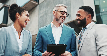 Poster - Collaboration, employees and people with tablet, outdoor and real estate agent with tech for business. Teamwork, colleagues and group with website for property, info and discussion for market trends