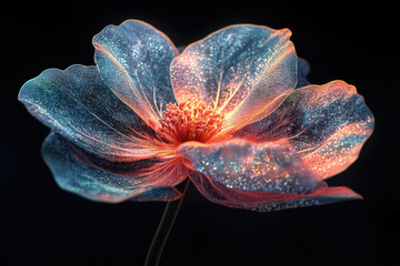 Poster - A luminous, translucent flower with dew drops, glowing with an inner light,  displayed against a dark background.