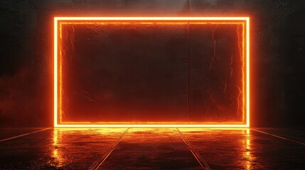Poster - Futuristic Urban Neon Frame on Dark Backdrop with Reflections in Wet Surface, Creating an Atmosphere of Mystery and Innovation for Backgrounds or Displays
