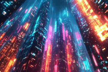 Poster - A futuristic cityscape with vibrant neon lights illuminating towering skyscrapers at night.