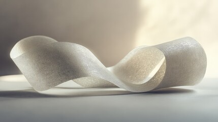 Poster - Soft Light-Filtered White Ribbon Displays Elegant Curves and Textures on a Minimalist Background, Perfect for Creative Design and Artistic Projects