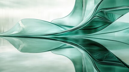 Poster - Abstract Fluid Shapes in Serene Green Tones Capturing Motion and Reflection in a Dreamlike Landscape with Textured Waves and Soft Lighting