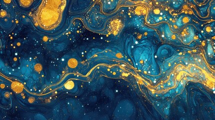 Poster - Abstract Art with Golden and Blue Fluid Patterns Displaying Swirling Shapes and Glittering Elements, Perfect for Backgrounds and Creative Projects
