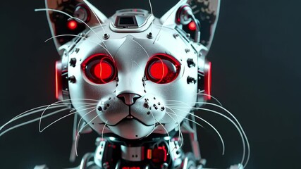 Poster - A futuristic robotic cat with glowing eyes and high-tech features stands in a dark environment, showcasing advanced design and engineering
