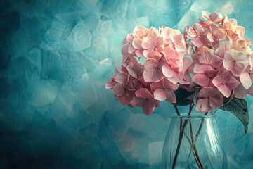 Poster - Pink hydrangeas in a glass vase against a teal textured background.