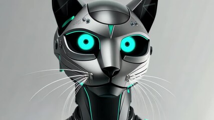 Poster - Futuristic robotic cat with sleek design and glowing accents showcasing advanced technology in a minimalistic setting