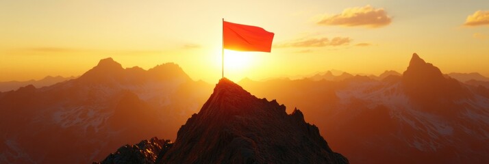 Poster - Bright red flag stands proudly at mountain peak during golden sunset, showcasing adventure and stunning natural beauty in high-altitude wilderness