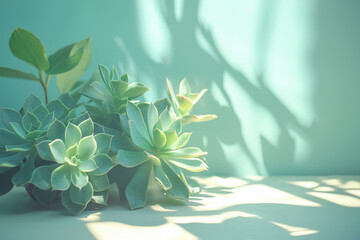 Poster - Sunlit succulents in a serene, teal setting, casting delicate shadows.