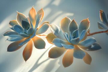 Poster - Two Echeveria succulents bask in soft sunlight, showcasing delicate pastel hues and intricate details.