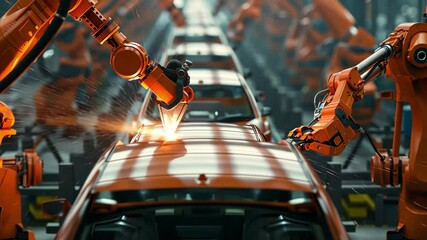 Poster - Automated assembly line with robotic arms welding and assembling cars in a manufacturing plant during the day