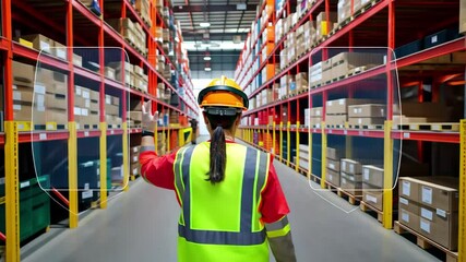 Poster - A warehouse worker wearing a safety helmet engages with augmented reality technology while organizing inventory in a busy storage facility