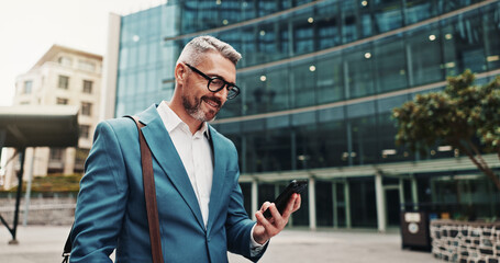 Poster - Business man, phone and walking in city for travel with law career, internet or network connection. Mature lawyer online for typing legal advice, mobile app or text contact for plea deal outdoor