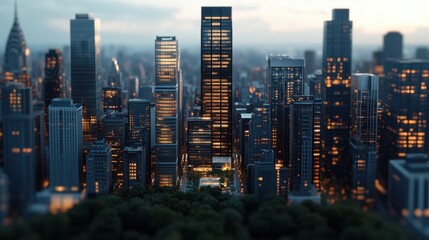  Aerial view of New York City skyline at dusk showcasing illuminated buildings and urban landscape