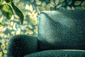 Poster - Close-up of teal textured armchair, bathed in sunlight against a leafy green backdrop.