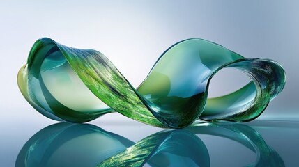 Poster - Abstract Sculpture of Flowing Glass Ribbon in Rich Green and Blue Tones Reflecting Light on a Soft Gradient Background