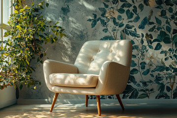 Poster - Sunlight illuminates a beige armchair in a room with a floral wallpaper and a lush green plant.