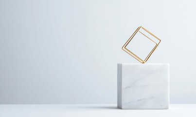 Poster - A golden geometric cube poised atop a square marble block creates a modern, minimalist scene.