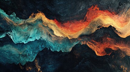 Poster - Abstract Fluid Artwork Featuring Vibrant Waves of Blue, Gold, and Red Capturing Energy and Motion in a Dark Background for Modern Decor or Creative Projects