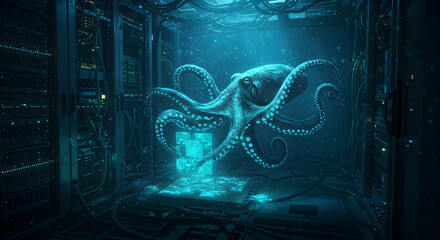 Cybernetic octopus interacting with glowing puzzle inside underwater server room